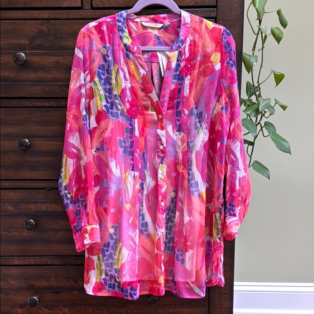 Soft Surroundings, Artistic Pink Long Sleeve Soft Multi-Color Blouse -Size 14/16